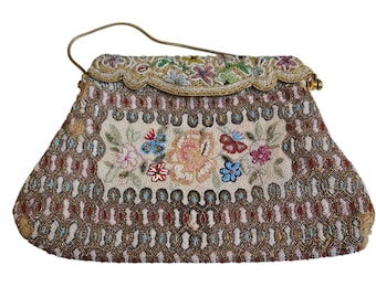 Vintage Hand Beaded Floral Fancy Wired Metal Top Bag Snake Chain Handle (A9447)