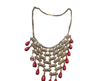 Early Brass & Glass Dangling Bib Necklace (A1853)