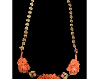 Antique Czech Molded Celluloid and Detailed Brass Necklace (A4872)