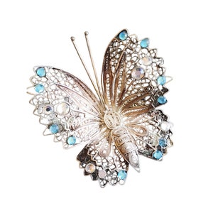 Vintage 925 Sterling Filigree Rhinestone Butterfly Brooch (A1703)