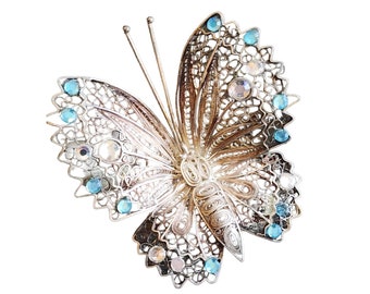 Vintage 925 Sterling Filigree Rhinestone Butterfly Brooch (A1703)