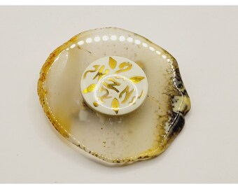 Unique Geode Slice & Porcelain Vintage Brooch (A237)