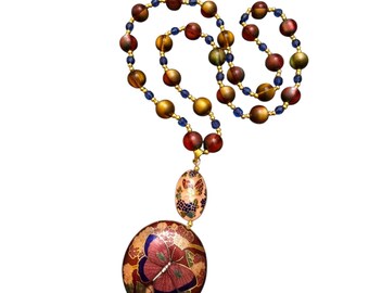 Vintage Multicolor Acrylic Beaded Necklace With Cloisonne Pendant (A8722)