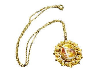 Vintage Signed Pauline Rader Porcelain Fragonard Pendant Necklace (A1370)