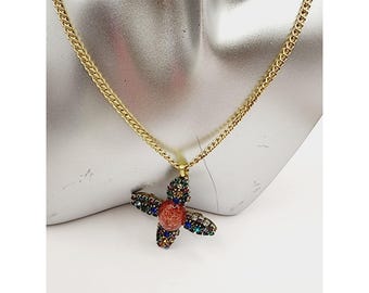 Vintage Jeweled Glass Cross Necklace (A538)