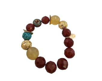 Vintage NOS Bee Charming Semi Precious & Bali Beaded Stretch Bracelet (A9227)