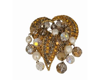 Fun And Fabulous 2-Tone Rhinestone Heart Charm Cha Brooch (A8869)