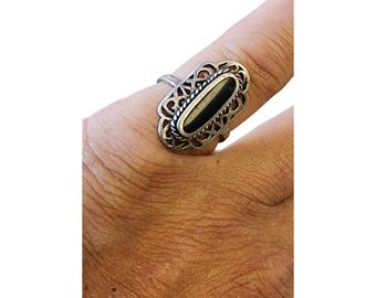 Vintage Sterling 925 Black Onyx Oval Filigree Ring Size 7 (A1632)
