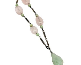Czech Art Deco Flapper Silver Rose Quartz And Jade Figural Bracelet (A2609)