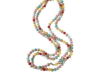 Vintage Multicolored Glass Beaded Hand Knotted Long Necklace (A1588)