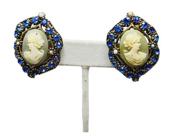 Vintage Cameo Rhinestone Clip Earrings (A1182)