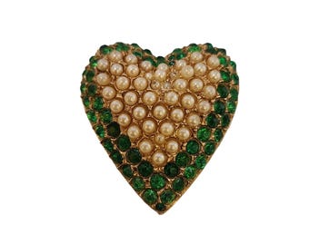 Vintage Rhinestone and Pearl Heart Pendant Brooch (A5767)