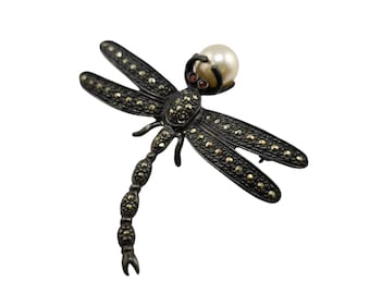 Antique Sterling 925 & Marcasite Dragonfly Brooch (A9161)