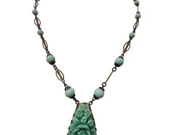 Antique Art Deco Molded Glass Flower Necklace (A4066)
