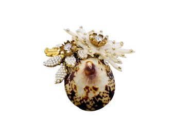 Fabulous VRBA Cowrie Shell Flowers Accented W/ Pearl & Rhinestone Huge Brooch