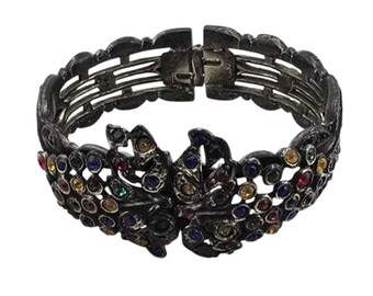 Antique Czech Style Pot Metal Rhinestone Hinged Bangle Bracelet (A1986)