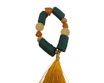 Vintage NOS Bee Charming Vulcanite Record Beaded Stretch Bracelet with Tassel