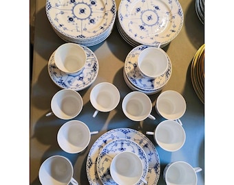 Antique Royal Copenhagen Blue Fluted Half Lace Dessert Set Of 10+ (RC1000)