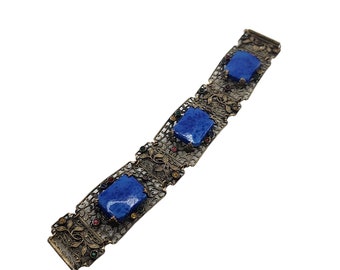 Vintage Czech Style Filigree Brass & Lapis Glass Bracelet (A3858)