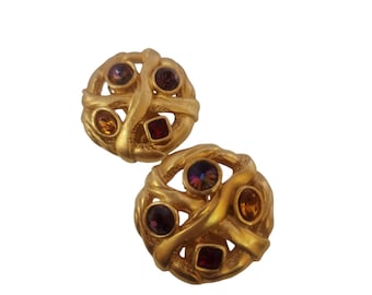 Vintage Unsigned Matte Gold and Glass 80s Clip On Earrings (A5654)