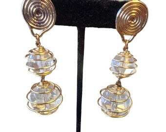 Vintage 80s Acrylic Wire Wrapped Dangle Clip Earrings (A2997)