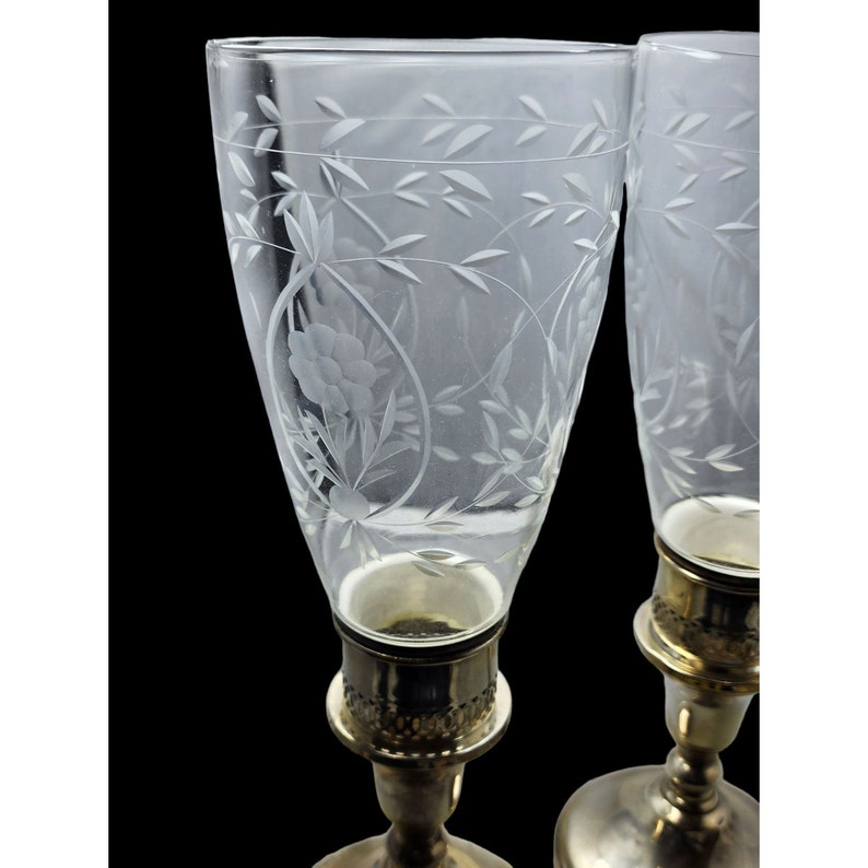 Vintage Sterling Silver 2 Part Hurricane Etched Glass Candle Stick