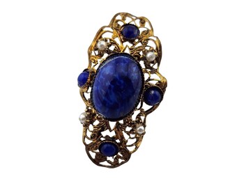 Vintage Glass & Brass Filigree Adjustable Ring (A3258)