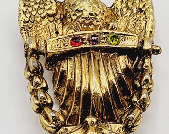Heavy Vintage Eagle Articulating Door Knocker Brooch w/ Rhinestone (A132)