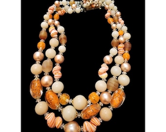 Spectacular Unsigned Art Glass Triple Strand Necklace Marked Japan (A4941)