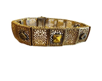 Vintage Brass E.I.F & Co Art Deco Glass Filigree Bracelet (A2434)
