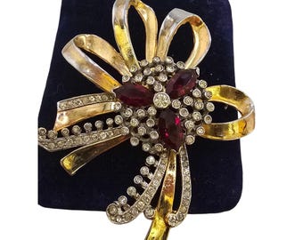 Antique 40s Gold Plated Cast Rhinestone Bow Brooch (A8900)