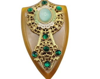 Antique Art Deco Bakelite Enamel & Glass Czech Decorative Dress Clip (A364)