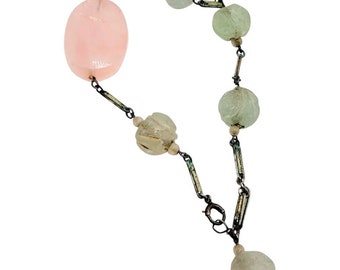 Flapper Art Deco Czech Jade Rose Quartz Enamel And Silver Bracelet (A2610)