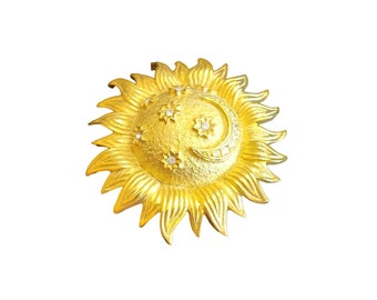 Vintage Wonderful Domed Matte Gold 80s Sun Brooch Pendant (A2448)