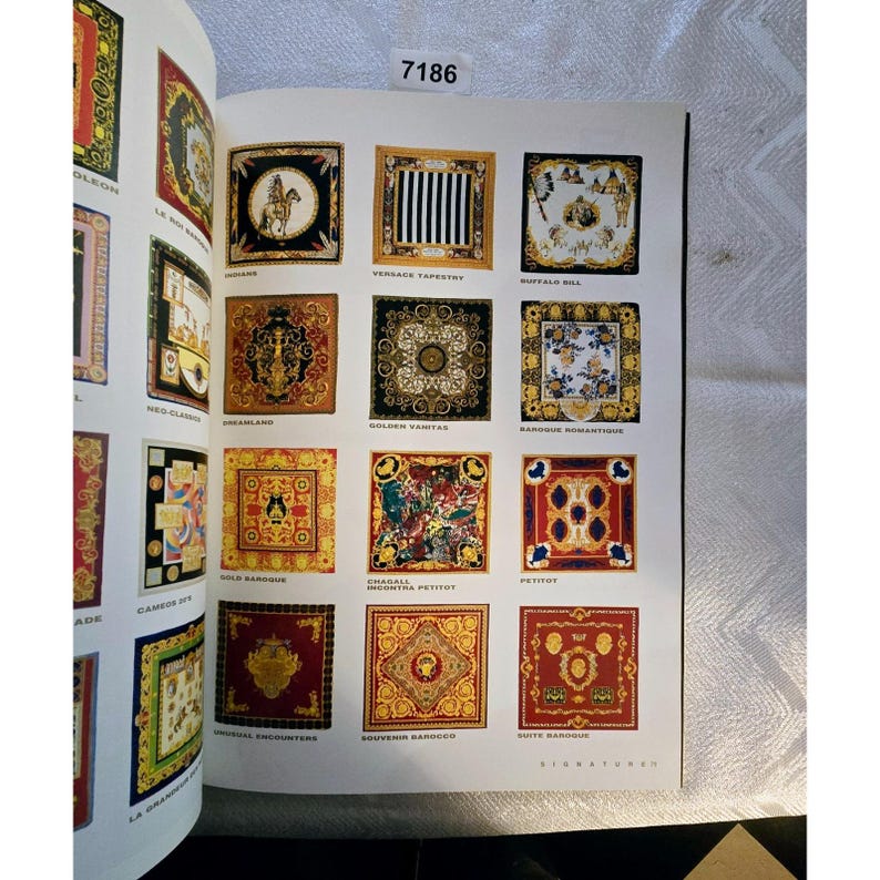 May include: A catalogue page showcasing a collection of square silk scarves with detailed patterns. The scarves feature a variety of colours, including gold, black, red, and blue, with designs like stripes, floral arrangements, and equestrian themes. The page is numbered 7186 at the top.