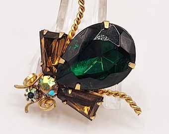 Glass Vintage Bug Fly Rhinestone Brooch Pin