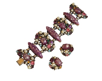 Rare Vintage Huge Resin Confetti Rhinestone Bracelet Set (A9437)