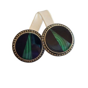 Vintage Signed Judith Jack Sterling Marcasite Onyx & Malachite Large Earrings