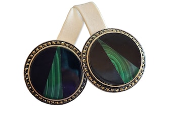 Vintage Signed Judith Jack Sterling Marcasite Onyx & Malachite Large Earrings