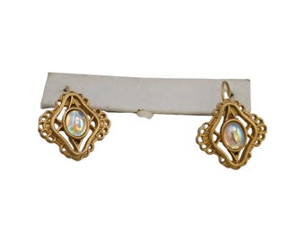 Vintage Unsigned Faux Opal Hanging Pierced Earrings (A9202)