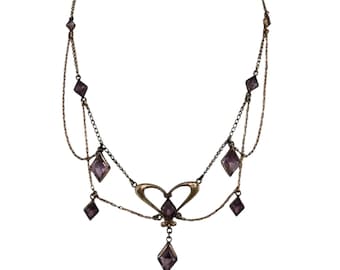 Antique Edwardian Glass Lavalier Festoon Necklace w/ Purple Faceted Glass