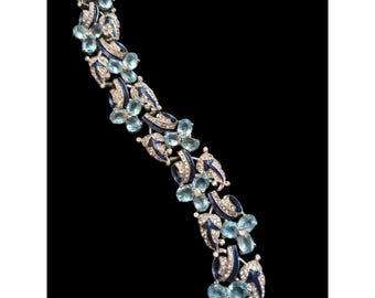 Vintage 1930s Rhodium-Plated Blue Enamel Trillium Bracelet Attributed to Mazer