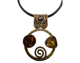 Vintage Artisan MCM Brutalist Bronze & Acrylic Pendant on Leather Necklace (A8667)