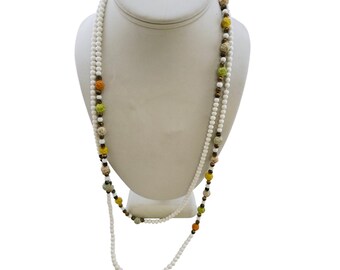 Vintage Milk Glass Long Beaded Necklace w/ Resin Flower Beads (A8242)