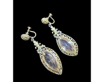 Antique Stunning Greek Key Czech Glass Dangle Screwback Earrings (A9575)