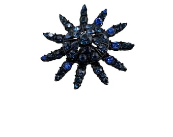 Vintage Japanned Blue Rhinestone Starburst Brooch Pin (A832)