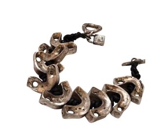 Vintage 80s Alexis Lahellec Paris Super Rare Silver Gilt Leather Silver Bracelet