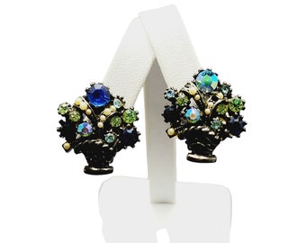 Vintage Signed Art Rhinestone Flower Vase Earrings (A1884)