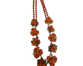 Vintage Glass & Crystal Brass Flower Necklace (A3888)