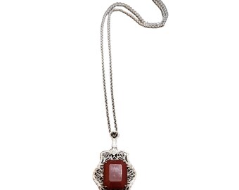 Vintage The NMFG Signed Carnelian Glass Rhodium Plated Pendant Necklace (A4420)